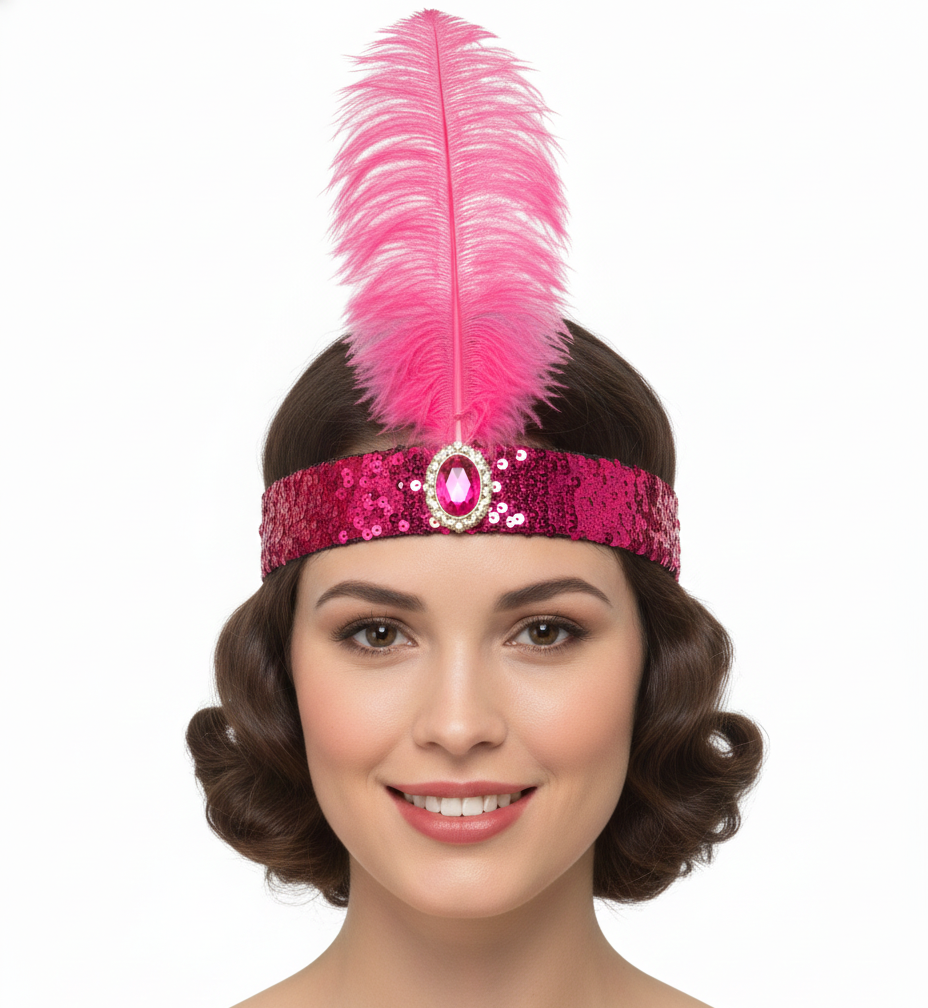 1920s Hot Pink Wide Flapper Headband w/ Feather & Sequins - Gatsby/Charleston Costume