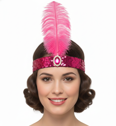 1920s Hot Pink Wide Flapper Headband w/ Feather & Sequins - Gatsby/Charleston Costume