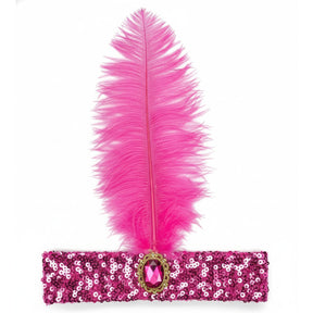 1920s Hot Pink Wide Flapper Headband w/ Feather & Sequins - Gatsby/Charleston Costume