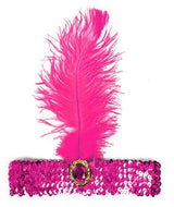 1920s Hot Pink Wide Flapper Headband w/ Feather & Sequins - Gatsby/Charleston Costume