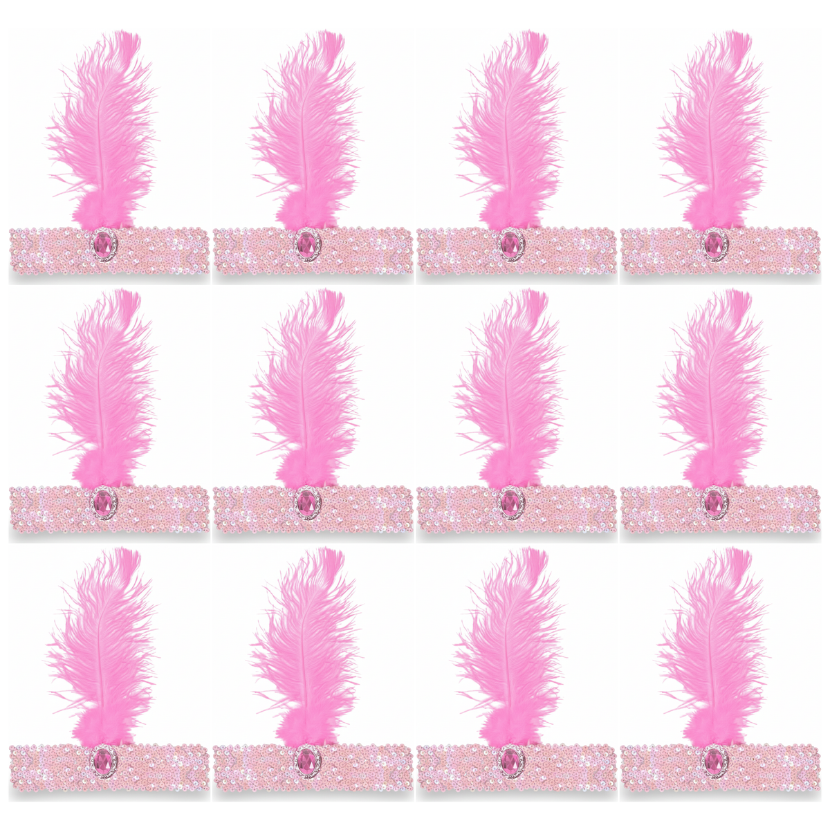 12x 1920s Light Pink Wide Flapper Headband w/ Feather & Sequins Bulk Pack - Gatsby/Charleston Costume