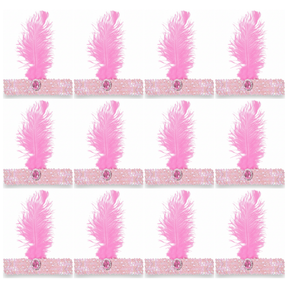 12x 1920s Light Pink Wide Flapper Headband w/ Feather & Sequins Bulk Pack - Gatsby/Charleston Costume