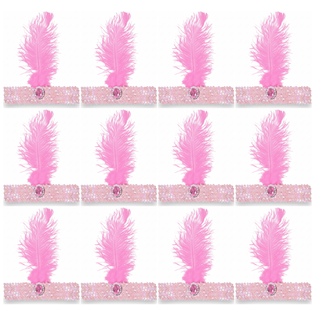 12x 1920s Light Pink Wide Flapper Headband w/ Feather & Sequins Bulk Pack - Gatsby/Charleston Costume