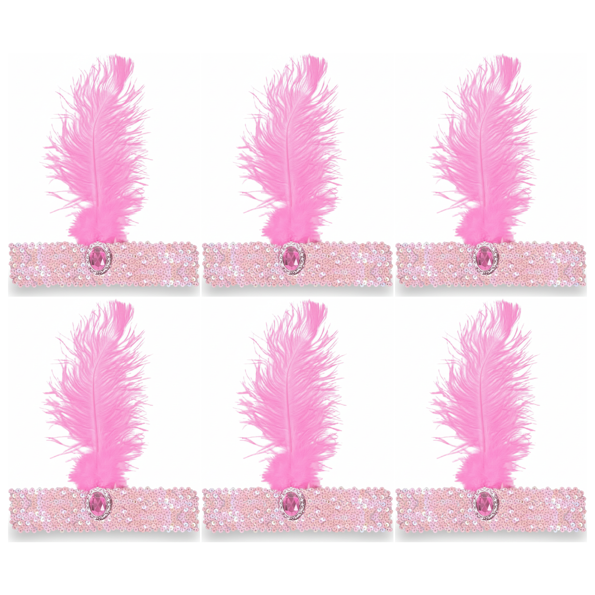 6x 1920s Light Pink Wide Flapper Headband w/ Feather & Sequins Bulk Pack - Gatsby/Charleston Costume