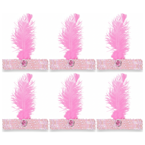 6x 1920s Light Pink Wide Flapper Headband w/ Feather & Sequins Bulk Pack - Gatsby/Charleston Costume