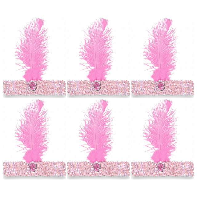 6x 1920s Light Pink Wide Flapper Headband w/ Feather & Sequins Bulk Pack - Gatsby/Charleston Costume