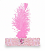 6x 1920s Light Pink Wide Flapper Headband w/ Feather & Sequins Bulk Pack - Gatsby/Charleston Costume