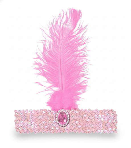 1920s Light Pink Wide Flapper Headband w/ Feather & Sequins - Gatsby/Charleston Costume