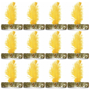 12x 1920s Orange Wide Flapper Headband w/ Feather & Sequins Bulk Pack - Gatsby/Charleston Costume