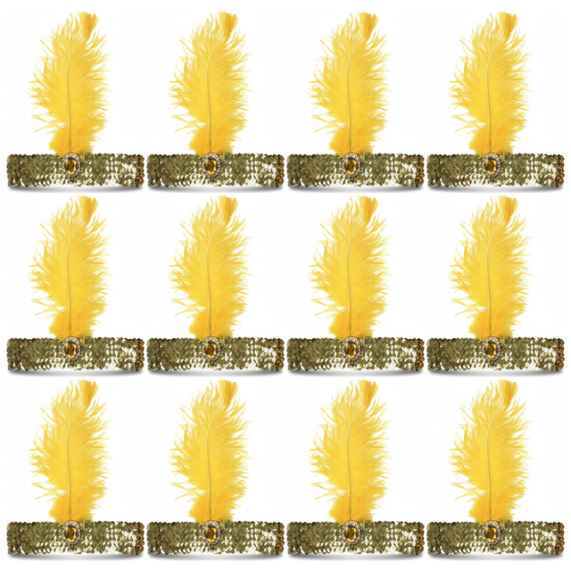 12x 1920s Orange Wide Flapper Headband w/ Feather & Sequins Bulk Pack - Gatsby/Charleston Costume