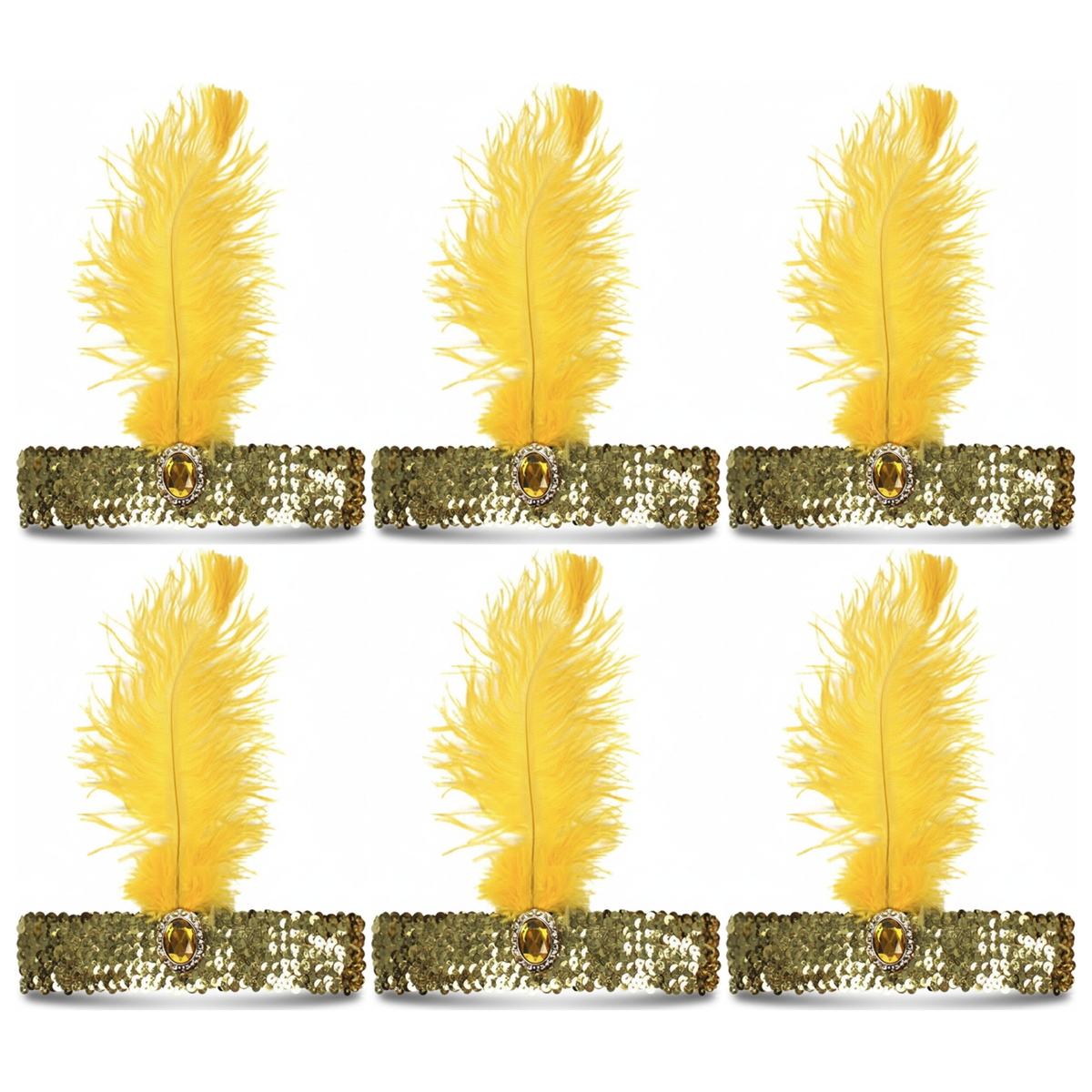 6x 1920s Orange Wide Flapper Headband w/ Feather & Sequins Bulk Pack - Gatsby/Charleston Costume