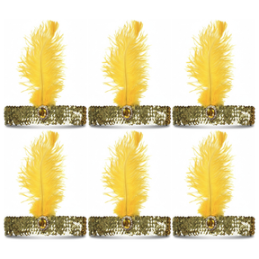 6x 1920s Orange Wide Flapper Headband w/ Feather & Sequins Bulk Pack - Gatsby/Charleston Costume