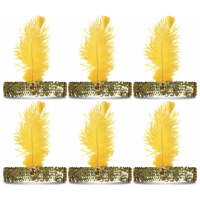 6x 1920s Orange Wide Flapper Headband w/ Feather & Sequins Bulk Pack - Gatsby/Charleston Costume