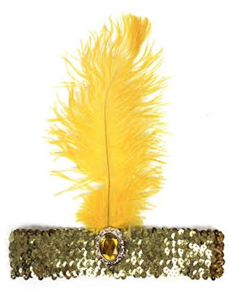 1920s Orange Wide Flapper Headband w/ Feather & Sequins - Gatsby/Charleston Costume