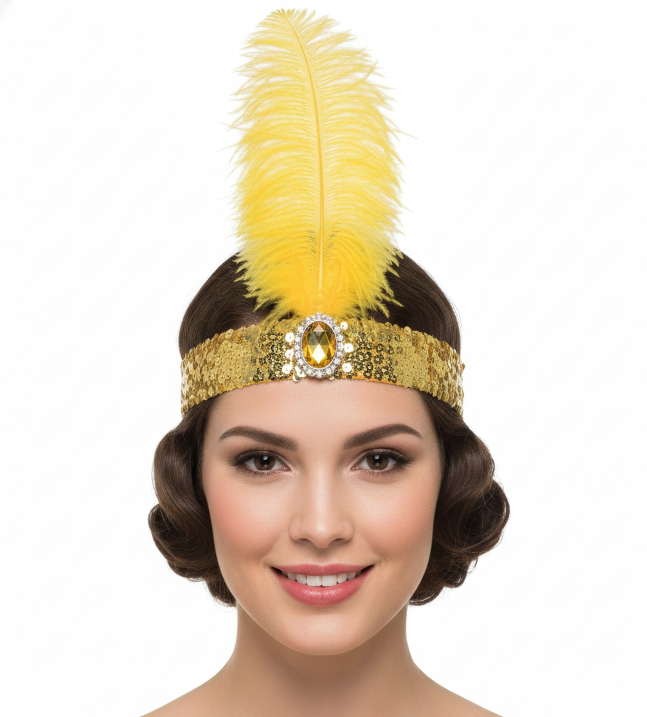 1920s Orange Wide Flapper Headband w/ Feather & Sequins - Gatsby/Charleston Costume