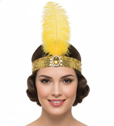 1920s Orange Wide Flapper Headband w/ Feather & Sequins - Gatsby/Charleston Costume