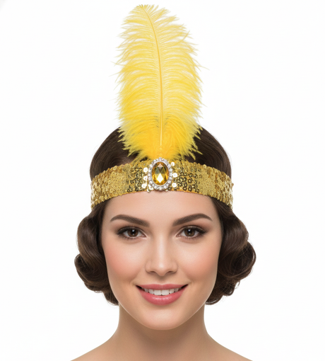 1920s Orange Wide Flapper Headband w/ Feather & Sequins - Gatsby/Charleston Costume