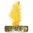 1920s Orange Wide Flapper Headband w/ Feather & Sequins - Gatsby/Charleston Costume