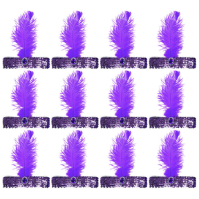 12x 1920s Purple Wide Flapper Headband w/ Feather & Sequins Bulk Pack - Gatsby/Charleston Costume