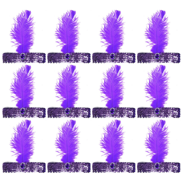 12x 1920s Purple Wide Flapper Headband w/ Feather & Sequins Bulk Pack - Gatsby/Charleston Costume