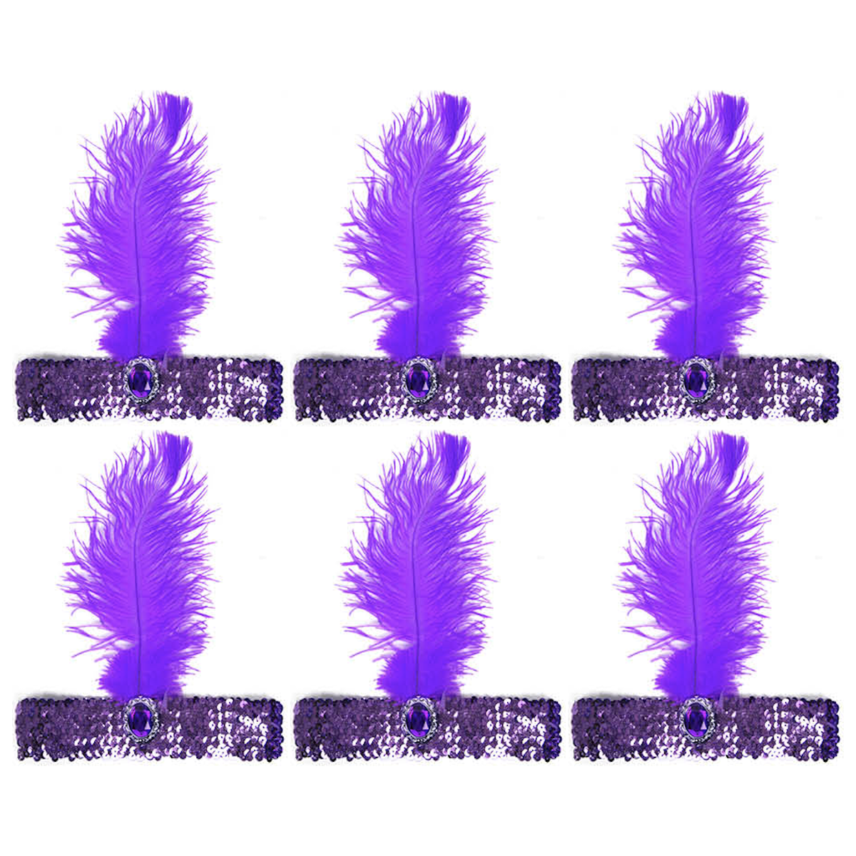 6x 1920s Purple Wide Flapper Headband w/ Feather & Sequins Bulk Pack - Gatsby/Charleston Costume