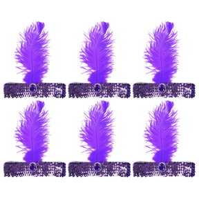 6x 1920s Purple Wide Flapper Headband w/ Feather & Sequins Bulk Pack - Gatsby/Charleston Costume