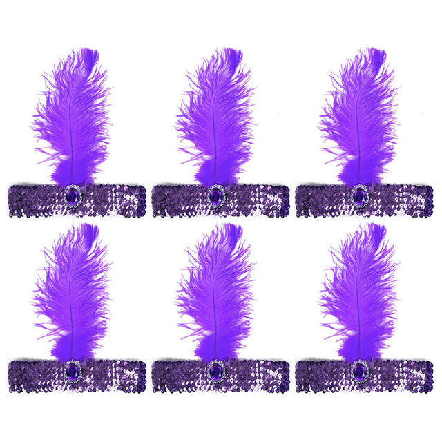 6x 1920s Purple Wide Flapper Headband w/ Feather & Sequins Bulk Pack - Gatsby/Charleston Costume