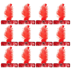 12x 1920s Red Wide Flapper Headband w/ Feather & Sequins Bulk Pack - Gatsby/Charleston Costume