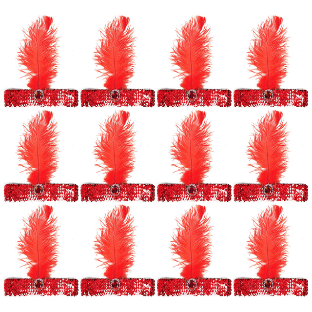 12x 1920s Red Wide Flapper Headband w/ Feather & Sequins Bulk Pack - Gatsby/Charleston Costume