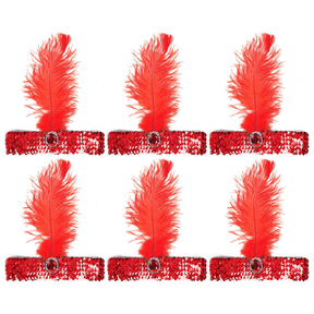 6x 1920s Red Wide Flapper Headband w/ Feather & Sequins Bulk Pack - Gatsby/Charleston Costume