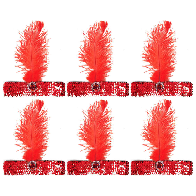 6x 1920s Red Wide Flapper Headband w/ Feather & Sequins Bulk Pack - Gatsby/Charleston Costume