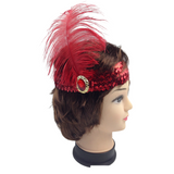 12x 1920s Red Wide Flapper Headband w/ Feather & Sequins Bulk Pack - Gatsby/Charleston Costume