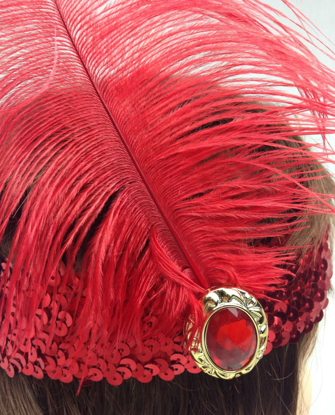 6x 1920s Red Wide Flapper Headband w/ Feather & Sequins Bulk Pack - Gatsby/Charleston Costume