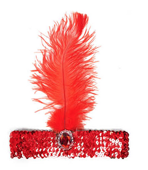 1920s Red Wide Flapper Headband w/ Feather & Sequins - Gatsby/Charleston Costume