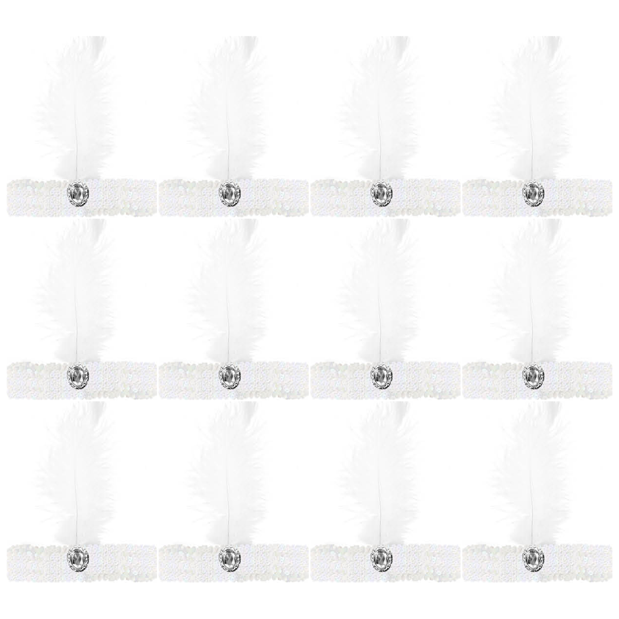 12x 1920s White Wide Flapper Headband w/ Feather & Sequins Bulk Pack - Gatsby/Charleston Costume
