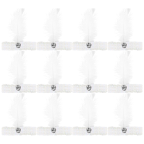 12x 1920s White Wide Flapper Headband w/ Feather & Sequins Bulk Pack - Gatsby/Charleston Costume