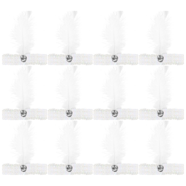 12x 1920s White Wide Flapper Headband w/ Feather & Sequins Bulk Pack - Gatsby/Charleston Costume