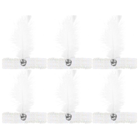 6x 1920s White Wide Flapper Headband w/ Feather & Sequins Bulk Pack - Gatsby/Charleston Costume