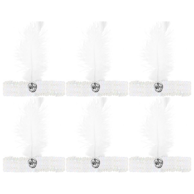 6x 1920s White Wide Flapper Headband w/ Feather & Sequins Bulk Pack - Gatsby/Charleston Costume