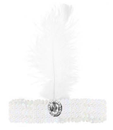 6x 1920s White Wide Flapper Headband w/ Feather & Sequins Bulk Pack - Gatsby/Charleston Costume