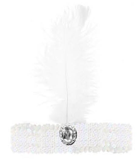 1920s White Wide Flapper Headband w/ Feather & Sequins - Gatsby/Charleston Costume