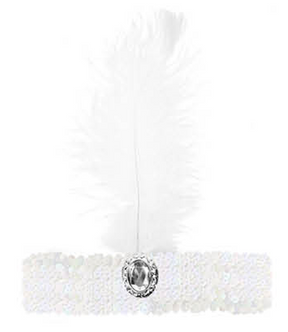 1920s White Wide Flapper Headband w/ Feather & Sequins - Gatsby/Charleston Costume