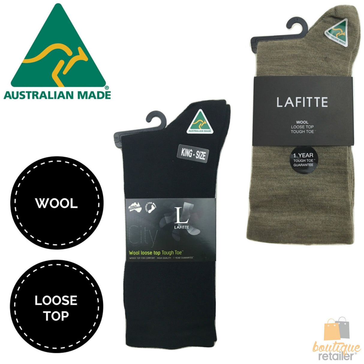 AUSTRALIAN MADE Wool Loose Top Socks Wide Top Comfort High Quality Tough Toe - Black