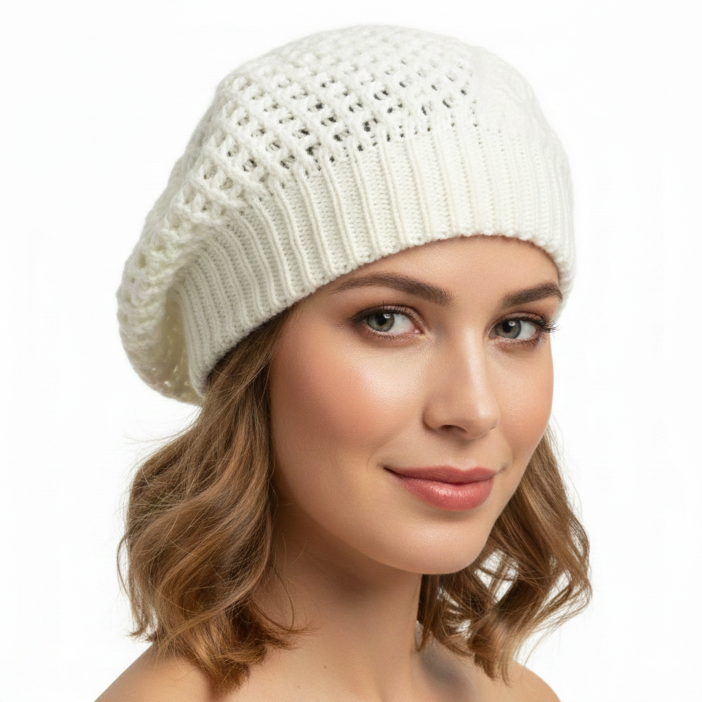 Womens French Beret Hat - White (Warm Winter Knitted Double Layered Beanie)