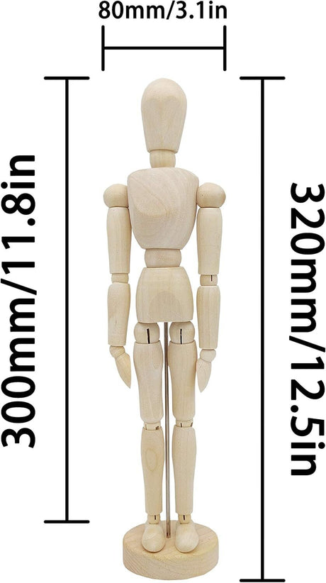 12" Wooden Male Artist Mannequin Doll - Sketch Model & Drawing Aid