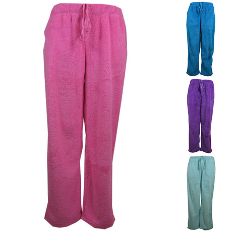 Womens TRACK PANTS Coral Fleece Fur Ultra Comfy Pyjamas Pajama Sleepwear Bottoms - Black