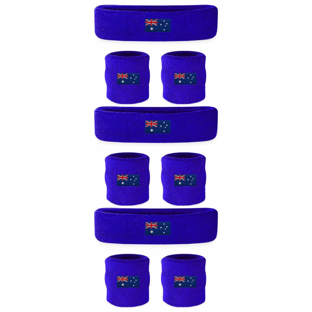 3x Australian Flag Wristband & Headband Set Pack - Terry Towelling Cotton Tennis Sweatbands