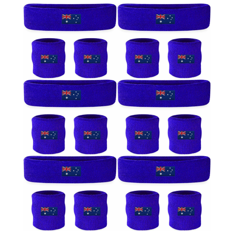 6x Australian Flag Wristband & Headband Set Bulk Pack - Terry Towelling Cotton Tennis Sweatbands