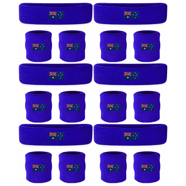 6x Australian Flag Wristband & Headband Set Bulk Pack - Terry Towelling Cotton Tennis Sweatbands