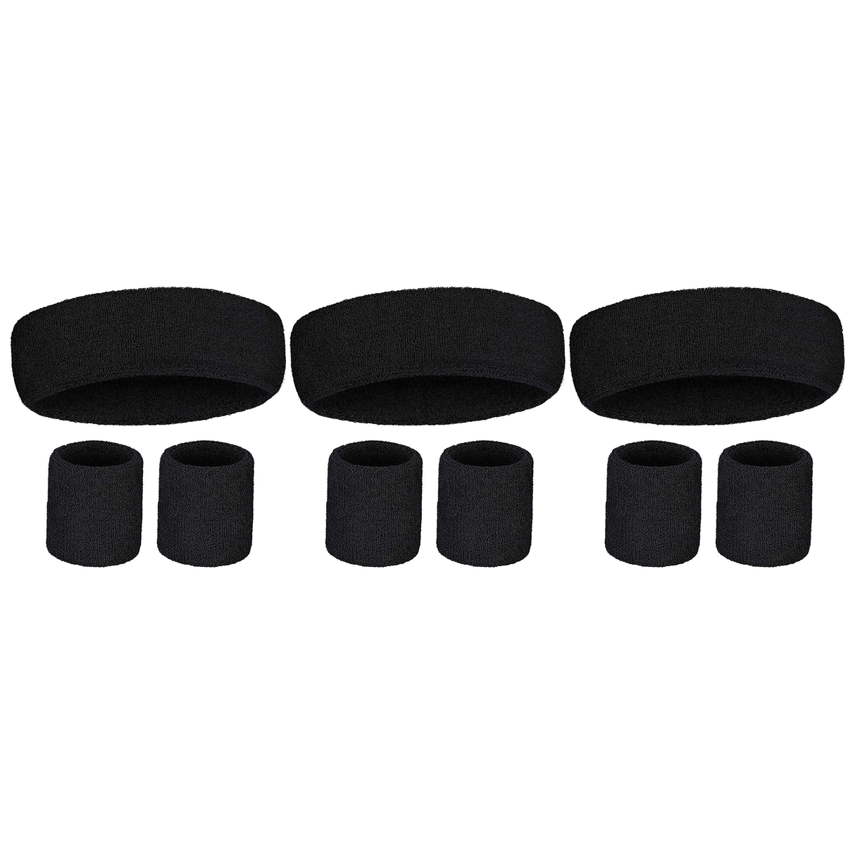 3x Black Wristband & Headband Set Pack - Terry Towelling Cotton Tennis Sweatbands